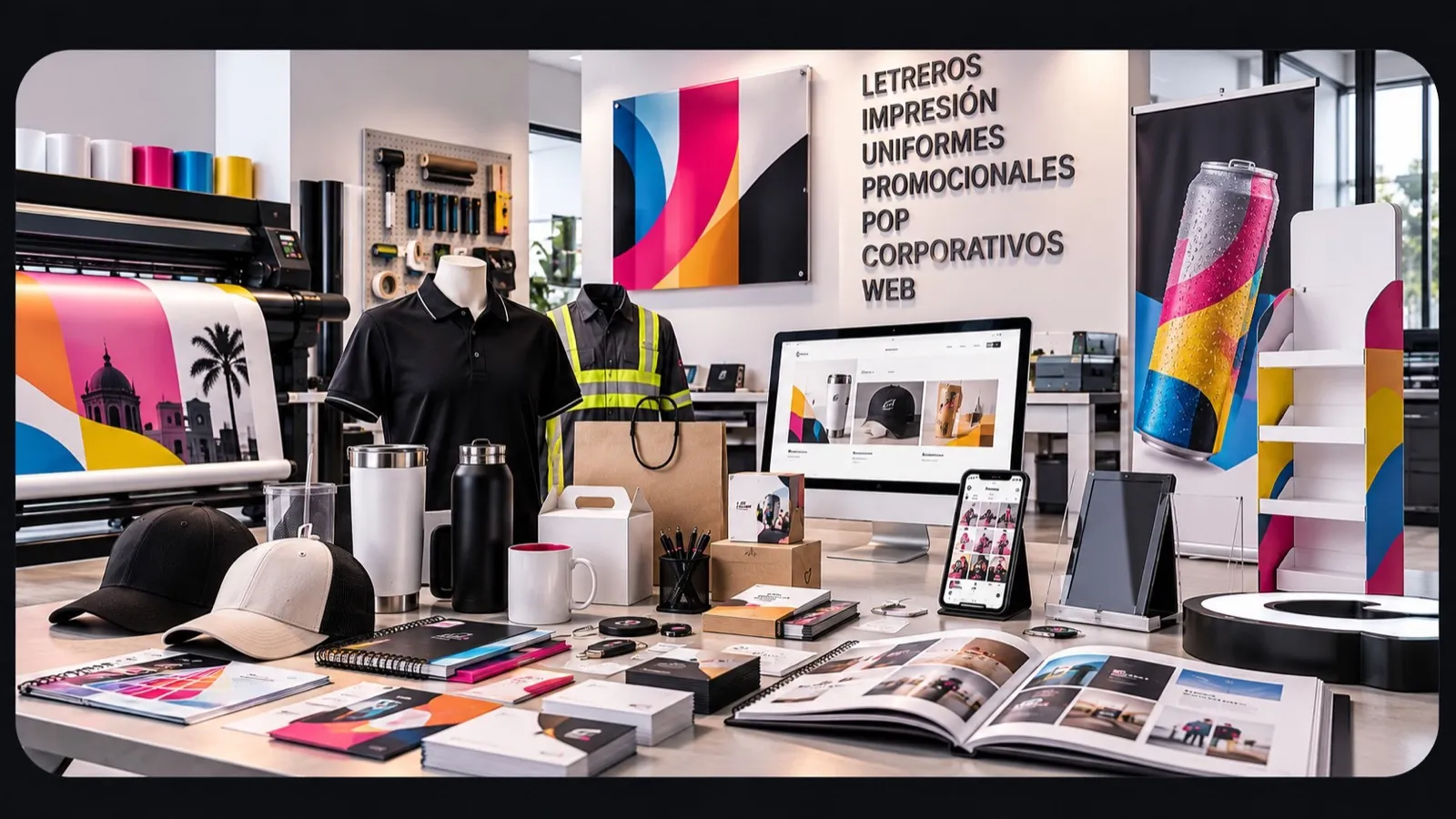 Estudio de CLÁTSUA con artículos promocionales, uniformes, letreros y una tienda web