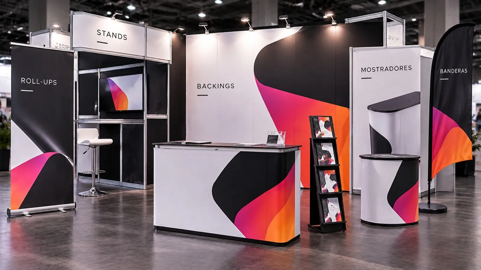 Stand de feria con backing, mostrador, roll-ups y banderas de marca