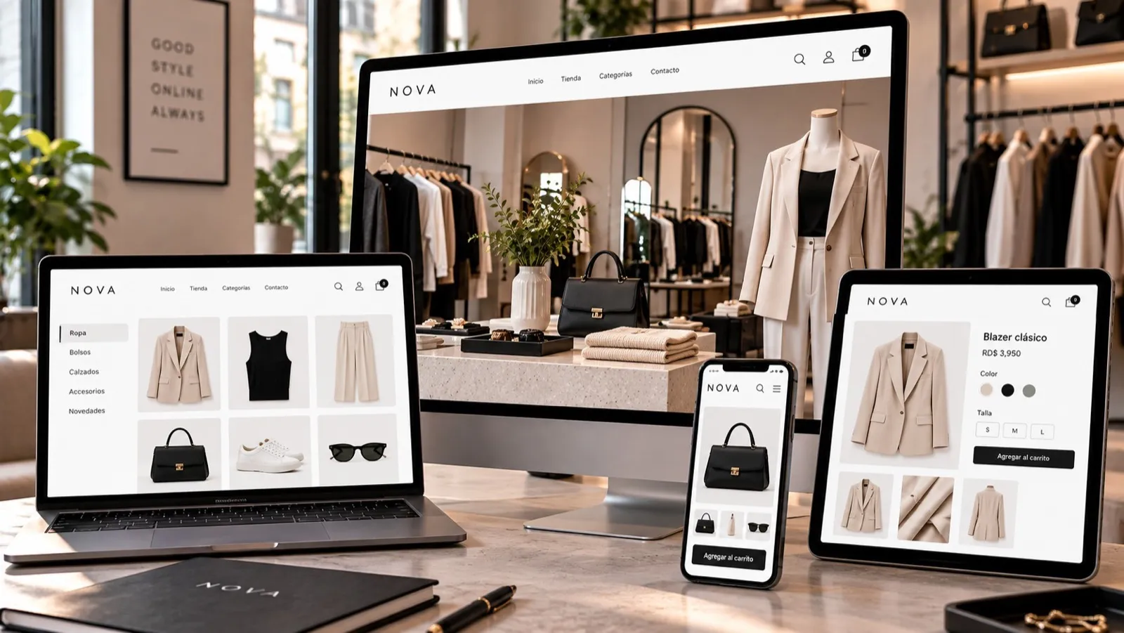 Tienda online de una marca mostrada en computadora, laptop, tablet y móvil